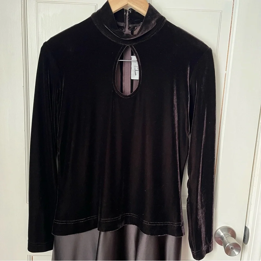 Tadashi Shoji Vintage Velvet Mock Neck Dress Gown 16 Chocolate Brown Black Tie - Picture 3 of 12